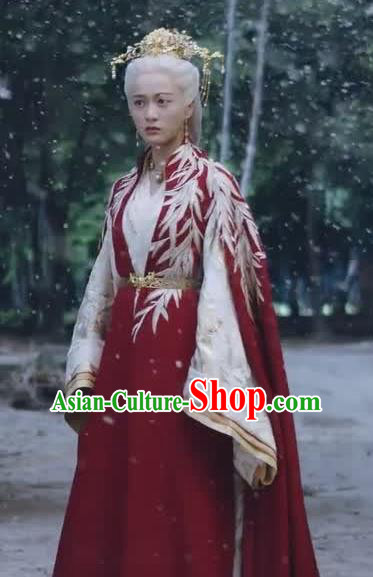 Chinese Ancient Royal Princess Historical Drama Princess Silver Red Costume and Headpiece for Women
