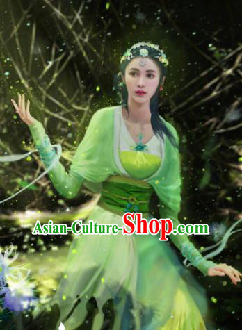 Chinese Historical Drama Swords of Legends Ancient Fairy A Ruan Green Costume and Headpiece for Women
