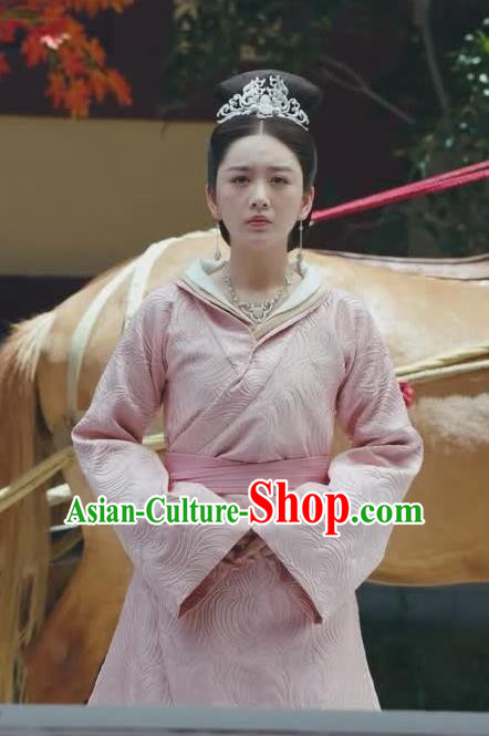 Chinese Ancient Royal Infanta Zhao Yun Pink Historical Drama Princess Silver Costume and Headpiece for Women