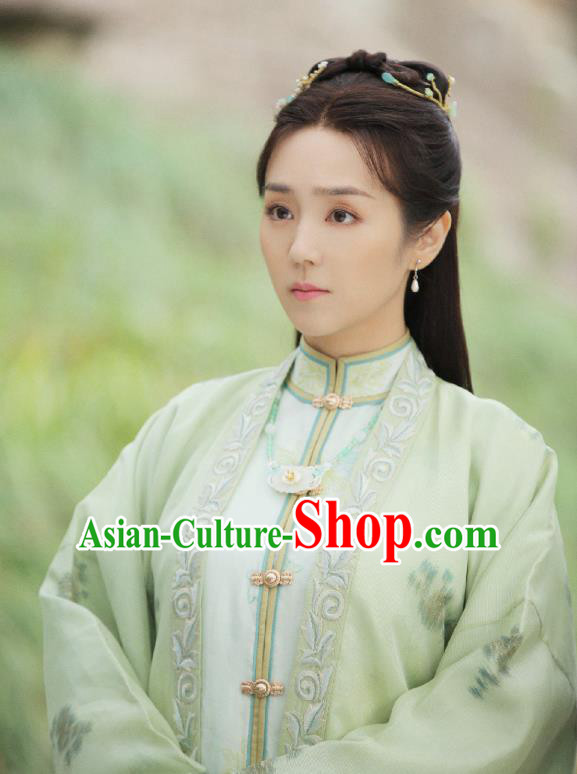 Chinese Ancient Ming Dynasty Female Physician Ling Ling Green Dress Drama Under the Power Costume and Headpiece for Women