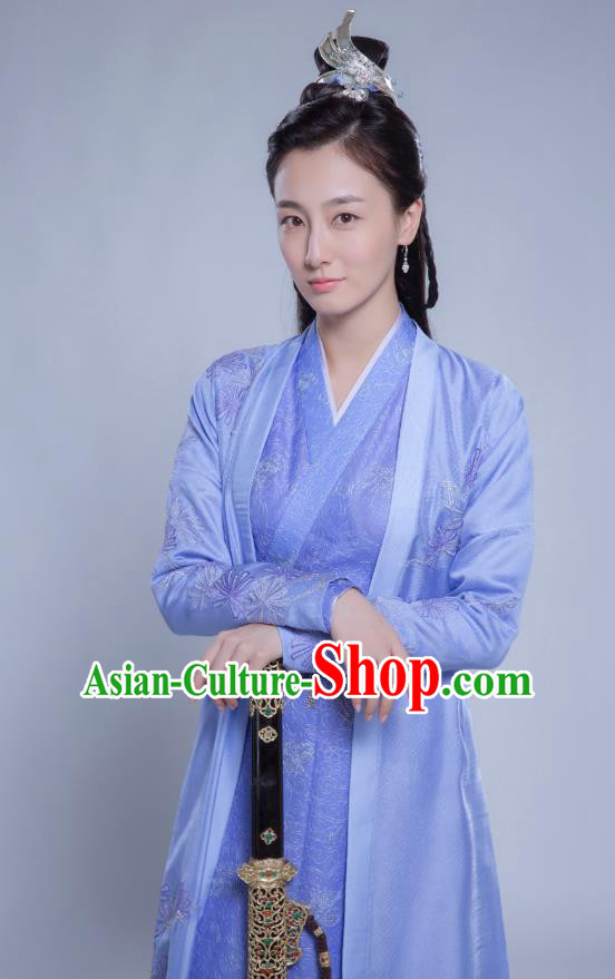 Chinese Ancient Ming Dynasty Female Swordsman Blue Dress Drama Under the Power Shangguan Xi Costume and Headpiece for Women