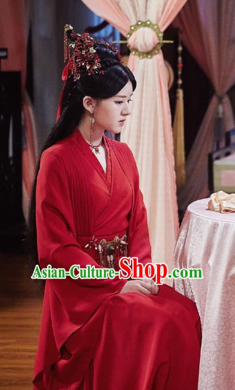 Chinese Ancient Singsong Girl Liu Yiyi Red Dress Historical Drama Cinderella Chef Costume and Headpiece for Women