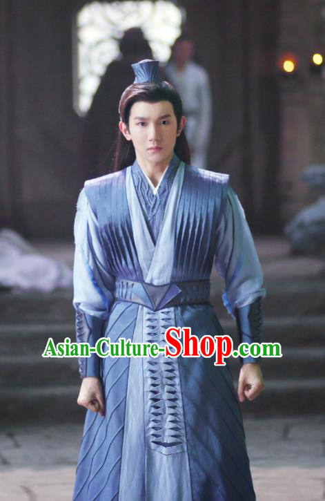 Drama The Great Ruler Chinese Ancient Swordsman Mu Chen Blue Costume and Headpiece Complete Set