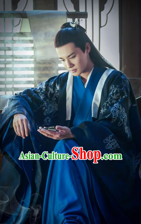 Chinese Ancient Musician Navy Hanfu Clothing and Hairpin Drama Love of Thousand Years Childe Fu Jiuyun Historical Costumes