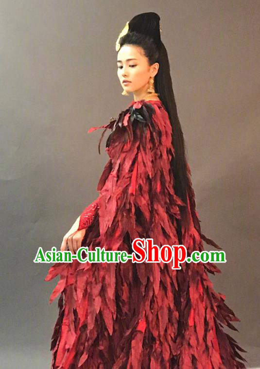 Chinese Ancient Red Feather Dress Historical Drama King Is Not Easy Princess Da Xi Costumes and Hair Accessories