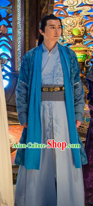 Chinese Ancient Swordsman Blue Hanfu Clothing and Headdress Drama The Taosim Crandmaster Costumes