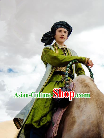 Chinese Ancient Hero Clothing and Jade Hairpin Drama The Taosim Crandmaster Swordsman Kun Lun Green Costumes and Headwear