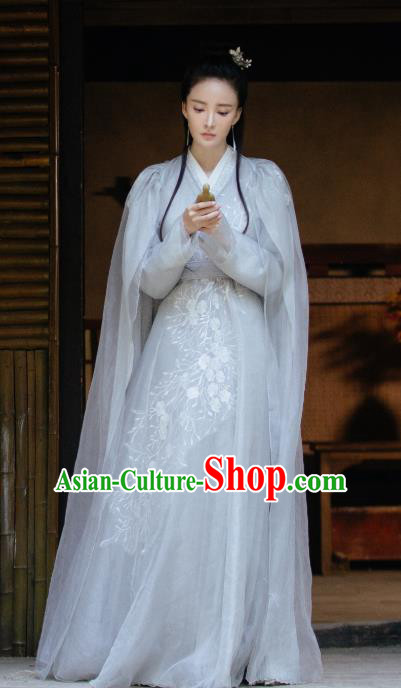 Chinese Ancient Demon Princess Ji Heng Drama Sansheng Sanshi Pillow Eternal Love of Dream Grey Dress and Hairpins Complete Set