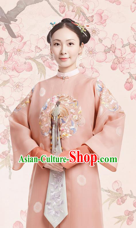 Chinese Ancient Royal Rani Garment Court Manchu Pink Qipao Dress and Headpieces Drama Dreaming Back to the Qing Dynasty Fourth Princess Consort Apparels Costumes