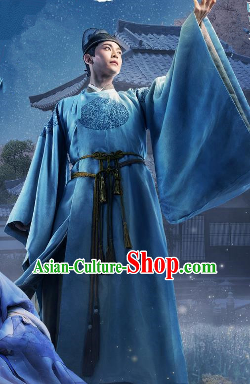 Chinese Ancient Prince Apparels Garment Blue Robe and Hat Drama To Get Her Tu Siyi Costumes
