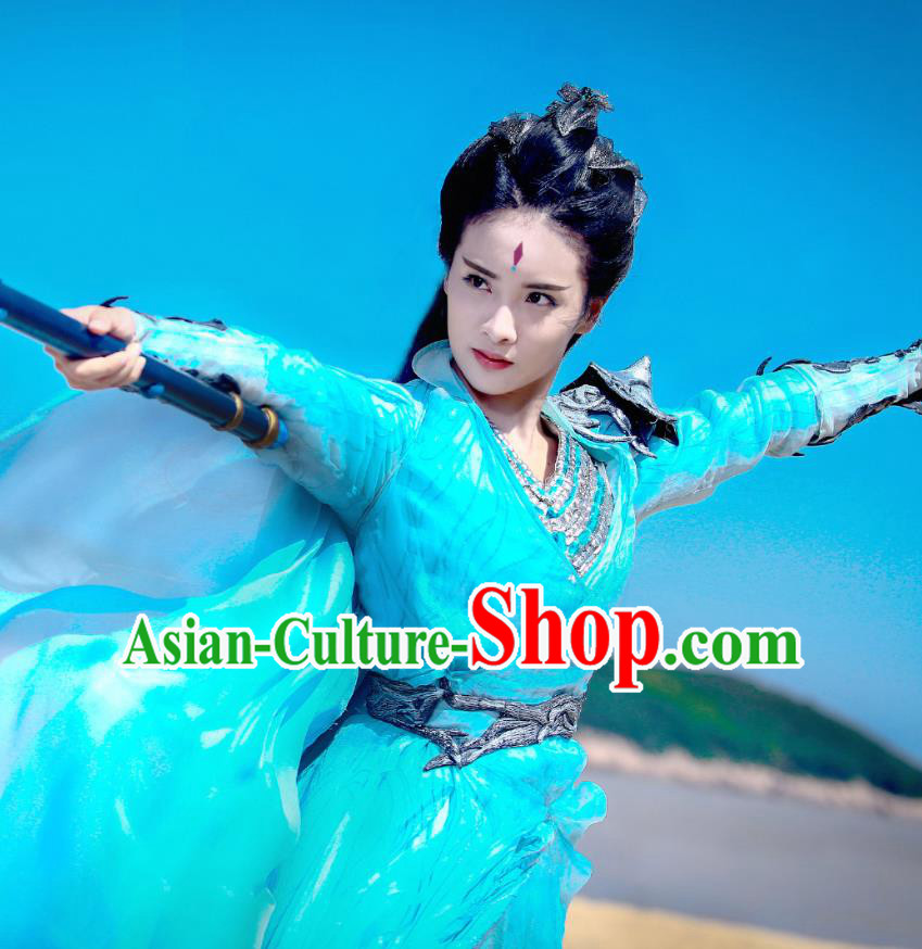 Chinese Wuxia Drama Ancient Princess Blue Garment and Hair Accessories The King of Blaze Apparels Female Swordsman Li Ying Apparels Costumes