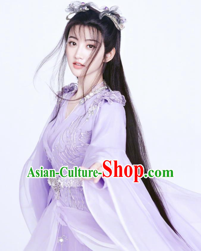 Chinese Ancient Fairy Apparels Garment and Hair Accessories Wuxia Drama The King of Blaze Apparels Qian Mei Purple Dress Costumes