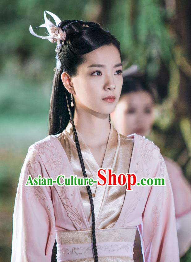 Chinese Ancient Goddess of Biyi Bird Tribe Garment Drama Eternal Love of Dream Biyi Bird Tribe Princess Jie Lv Pink Dress and Headpieces for Women