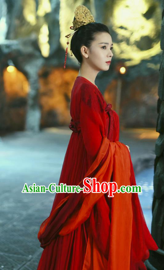 Chinese Ancient Tang Dynasty Red Hanfu Dress Apparels Costumes and Headdress Drama Wu Xin The Monster Killer Noble Lady Liu Qingluan Garment