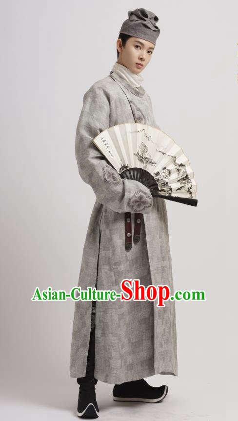 Chinese Ancient Swordsman Grey Garment and Headwear Drama Wu Xin The Monster Killer Tang Dynasty Kawaler Liu Qinghu Apparels Clothing