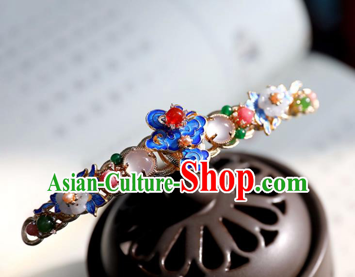 Chinese Ancient Gems Jewelry Hair Clip Headwear Hair Accessories Ming Dynasty Women Cloisonne Hairpin