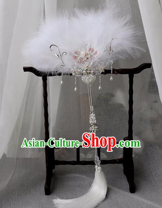 Chinese Ancient Feather Fan Women Accessories Pearls Tassel Fan