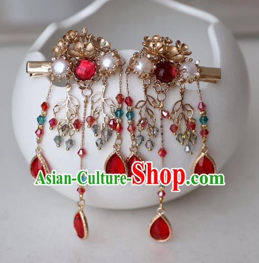 Chinese Ancient Red Crystal Golden Hair Claws Women Headwear Hairpin Hanfu Hair Accessories Tassel Hair Sticks