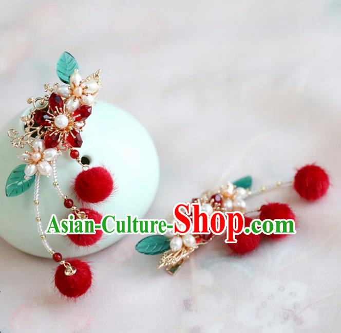 Chinese Ancient Red Venonat Hair Claws Headwear Women Hair Accessories Ming Dynasty Pearls Hair Stick