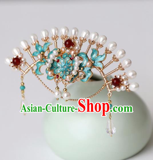 Chinese Ancient Pearls Green Hair Crown Headwear Women Hair Accessories Ming Dynasty Court Cloisonne Hairpin