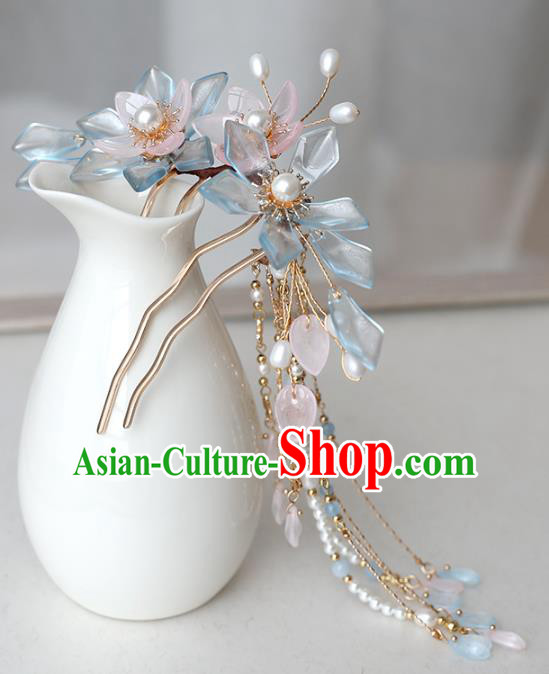 Chinese Ancient Hanfu Blue Flowers Hair Comb Headwear Women Hair Accessories Tassel Hairpin