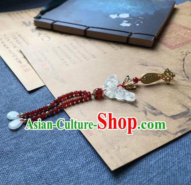 Chinese Ancient Hanfu Red Beads Tassel Pendant Jade Lappet Brooch Jewelry Carving Jade Accessories