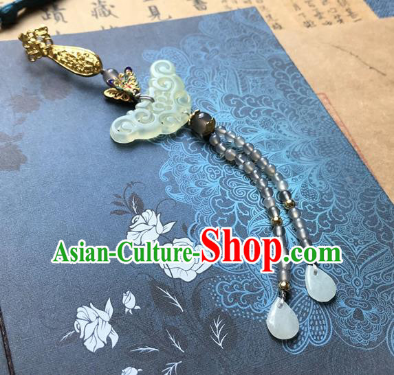 Chinese Ancient Hanfu Grey Beads Tassel Pendant Jade Lappet Brooch Jewelry Carving Jade Accessories