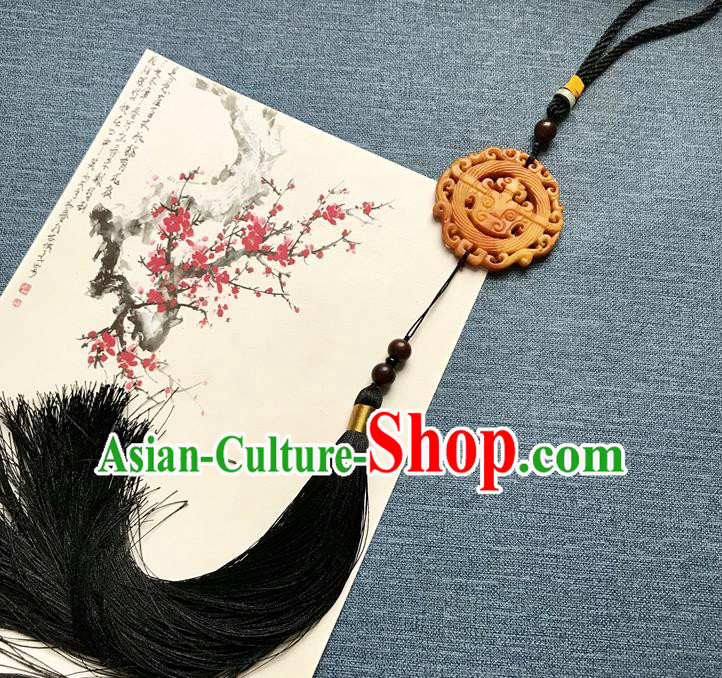 Chinese Ancient Hanfu Black Tassel Pendant Yellow Jade Carving Brooch Jewelry Accessories Lappet