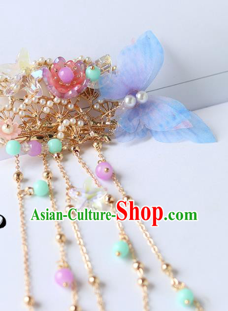 Chinese Ancient Hanfu Hair Accessories Women Blue Silk Butterfly Hair Claws Hairpin Headwear
