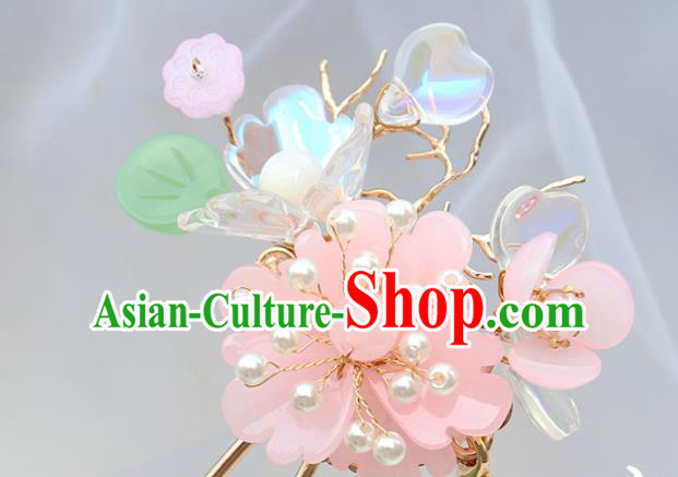 Chinese Ancient Pink Flower Hair Clip Hanfu Hair Accessories Tassel Hairpin Women Headwear