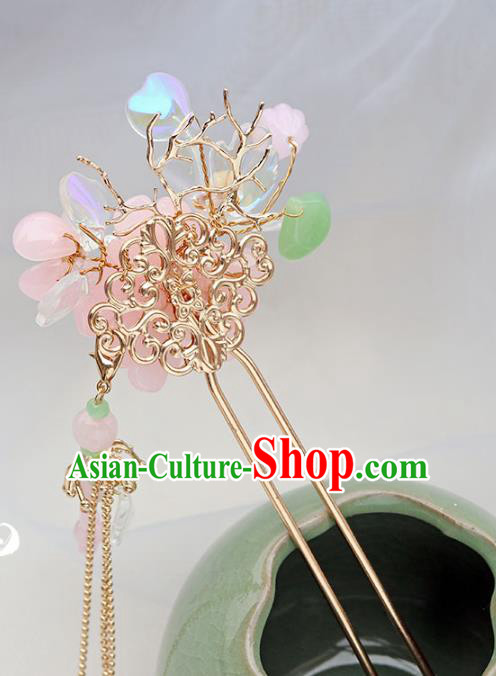 Chinese Ancient Pink Flower Hair Clip Hanfu Hair Accessories Tassel Hairpin Women Headwear