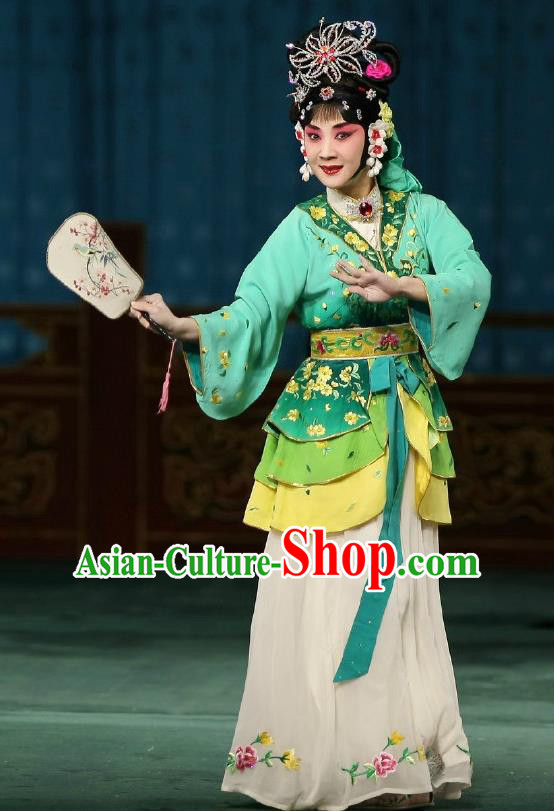Traditional Chinese Peking Opera Matchmaker Apparels Costumes Garment Young Actress Hong Niang Green Dress and Headwear