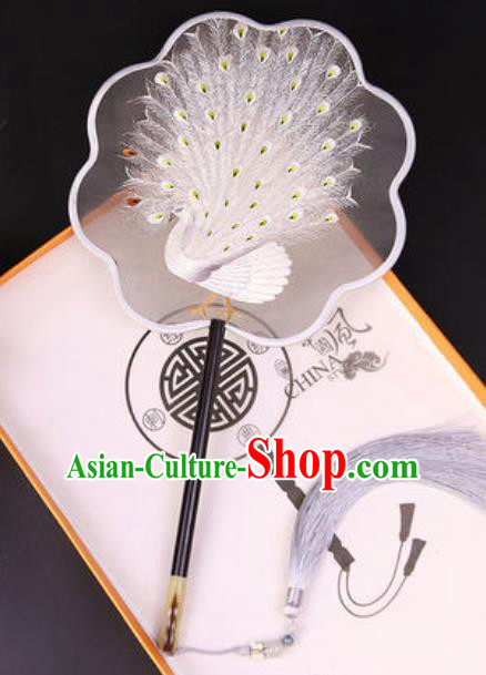 Chinese Traditional Embroidered White Peacock Silk Fans Handmade Classical Dance Ebony Palace Fan for Women