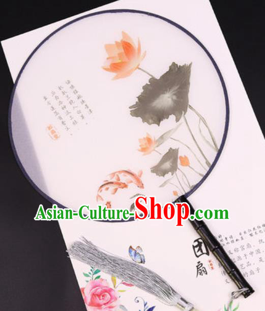 Chinese Traditional Printing Lotus Fish Round Fans Handmade Classical Dance Ebony Palace Fan for Women