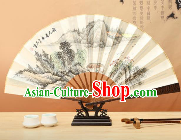 Chinese Traditional Ink Painting Lake View Wenge Fans Handmade Accordion Classical Dance Paper Folding Fan