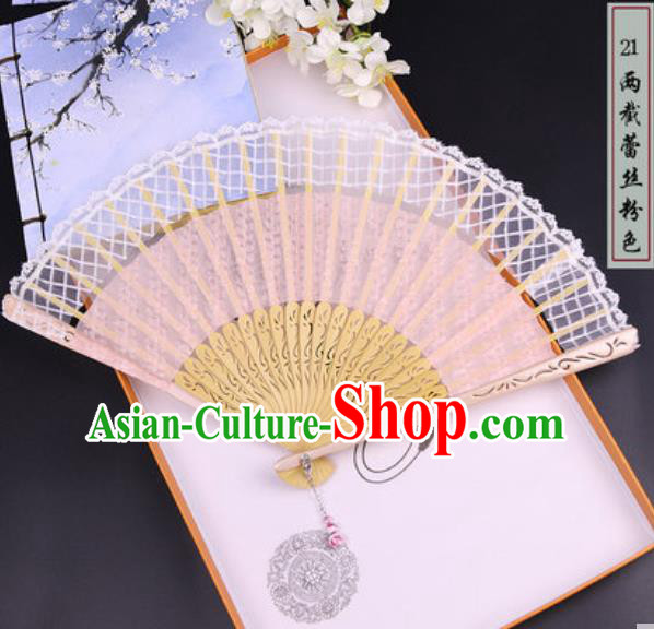 Chinese Traditional White and Pink Bamboo Fans Handmade Accordion Classical Dance Folding Fan