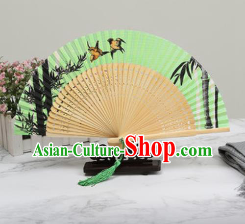 Chinese Traditional Printing Bamboo Green Silk Fan Classical Dance Accordion Fans Folding Fan