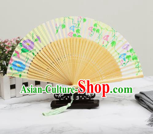 Chinese Traditional Printing Petunia Beige Silk Fan Classical Dance Accordion Fans Folding Fan