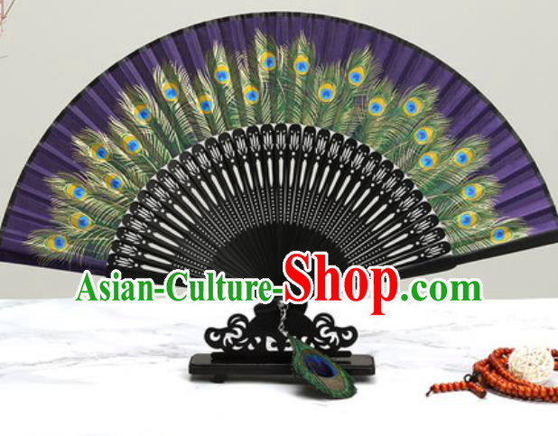Chinese Traditional Printing Peacock Feather Purple Silk Fan Classical Dance Accordion Fans Folding Fan