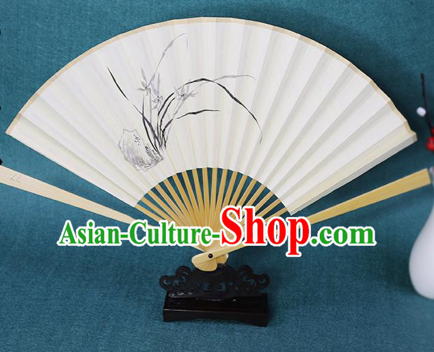 Handmade Chinese Ink Painting Orchid Paper Fan Traditional Classical Dance Accordion Fans Folding Fan