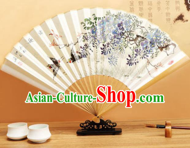 Chinese Hand Painting Wisteria Birds Paper Fan Traditional Classical Dance Accordion Fans Folding Fan