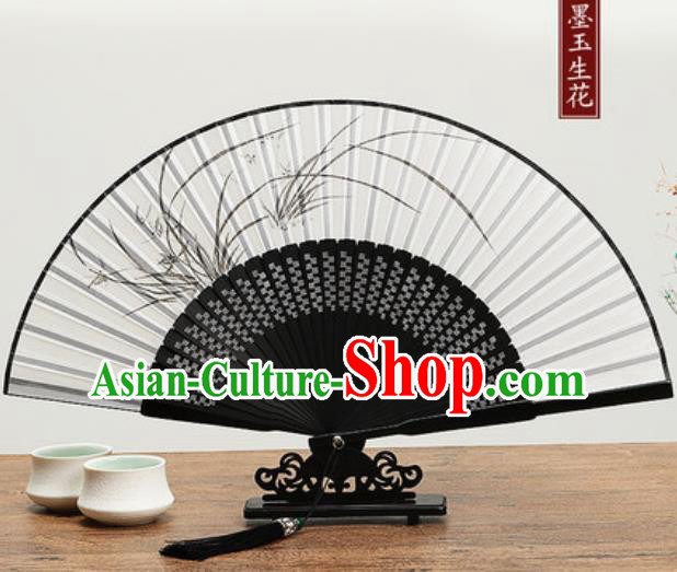 Chinese Traditional Ink Painting Orchid Fan Handmade Accordion Classical Dance Fans Folding Fan