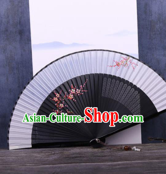 Chinese Traditional Hand Painting Plum Grey Silk Fan Classical Dance Accordion Fans Folding Fan