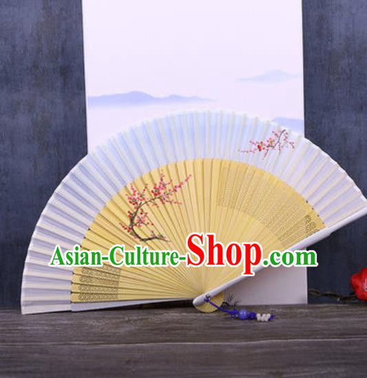 Chinese Traditional Hand Painting Plum Light Blue Silk Fan Classical Dance Accordion Fans Folding Fan