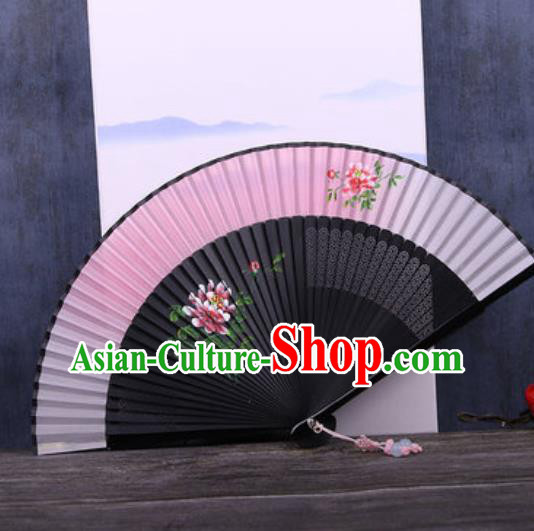 Chinese Traditional Hand Painting Peony Pink Silk Fan Classical Dance Accordion Fans Folding Fan