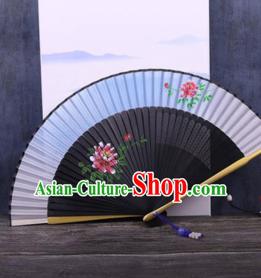 Chinese Traditional Hand Painting Peony Blue Silk Fan Classical Dance Accordion Fans Folding Fan
