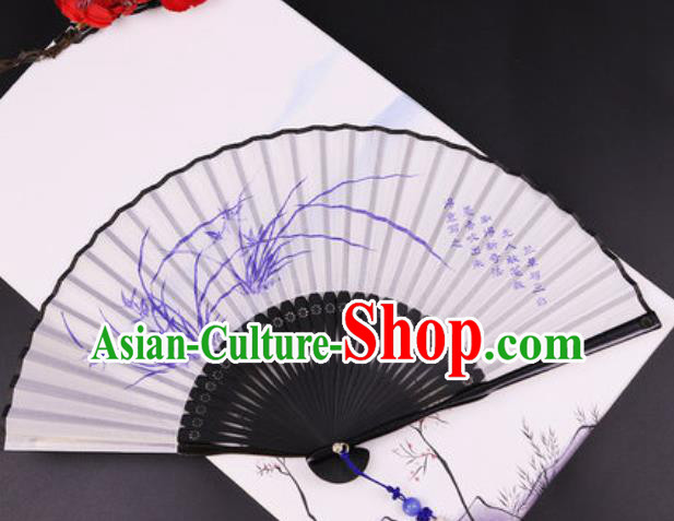Chinese Traditional Painting Orchids Silk Fan Classical Dance Accordion Bamboo Fans Folding Fan