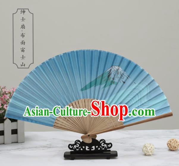 Chinese Traditional Printing Mount Fuji Blue Silk Fan Classical Dance Accordion Fans Folding Fan