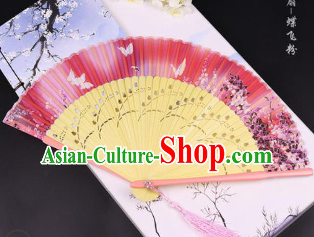Handmade Chinese Butterfly Pink Cotton Fan Traditional Classical Dance Accordion Fans Folding Fan