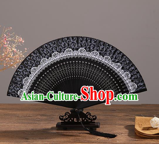 Handmade Chinese Printing White Lace Ebony Fan Traditional Classical Dance Accordion Fans Folding Fan
